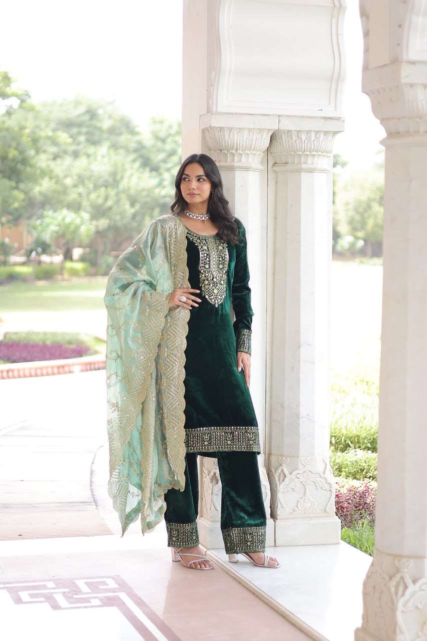 Designer Green Velvet Partywear Set with Sequence â€“ Zari Work