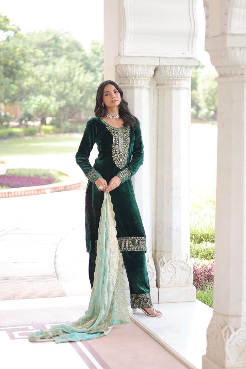 Designer Green Velvet Partywear Set with Sequence â€“ Zari Work