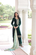 Designer Green Velvet Partywear Set with Sequence â€“ Zari Work