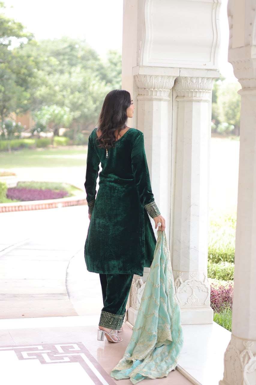 Designer Green Velvet Partywear Set with Sequence â€“ Zari Work