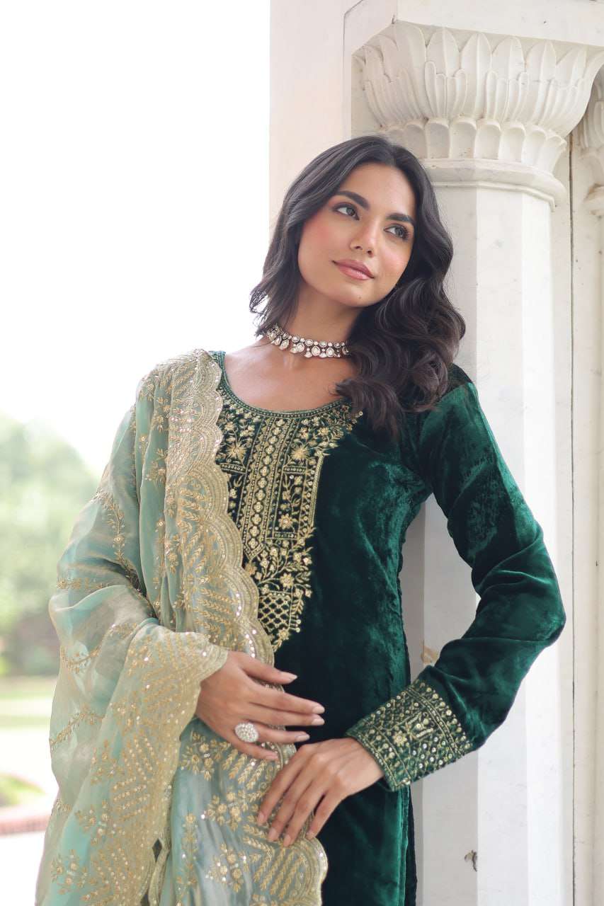 Designer Green Velvet Partywear Set with Sequence â€“ Zari Work