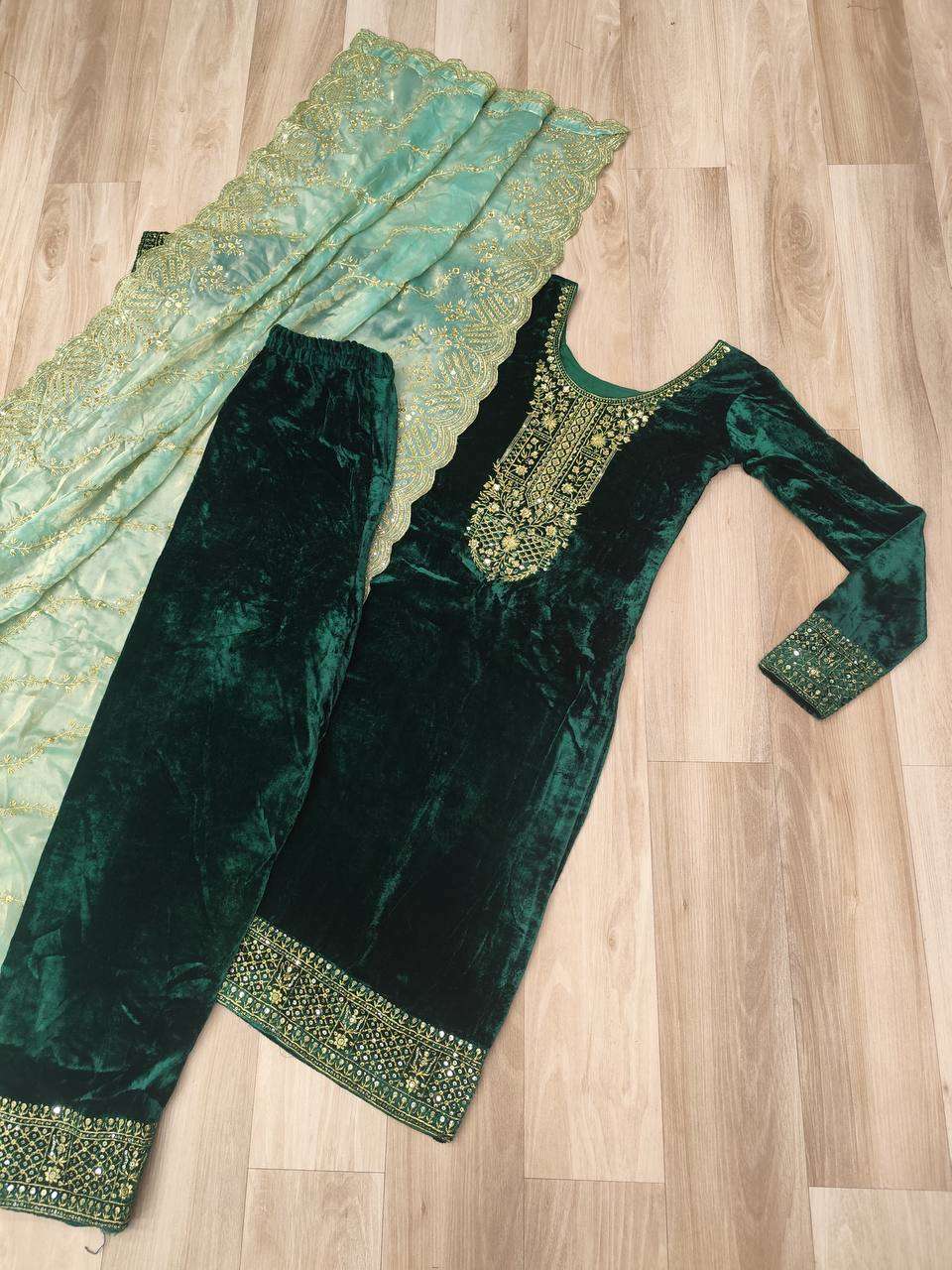 Designer Green Velvet Partywear Set with Sequence â€“ Zari Work