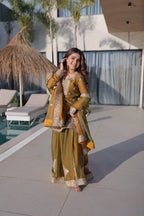 Mustard Olive Fendi Chiffon Embroidered Sharara Suit with Dupatta
