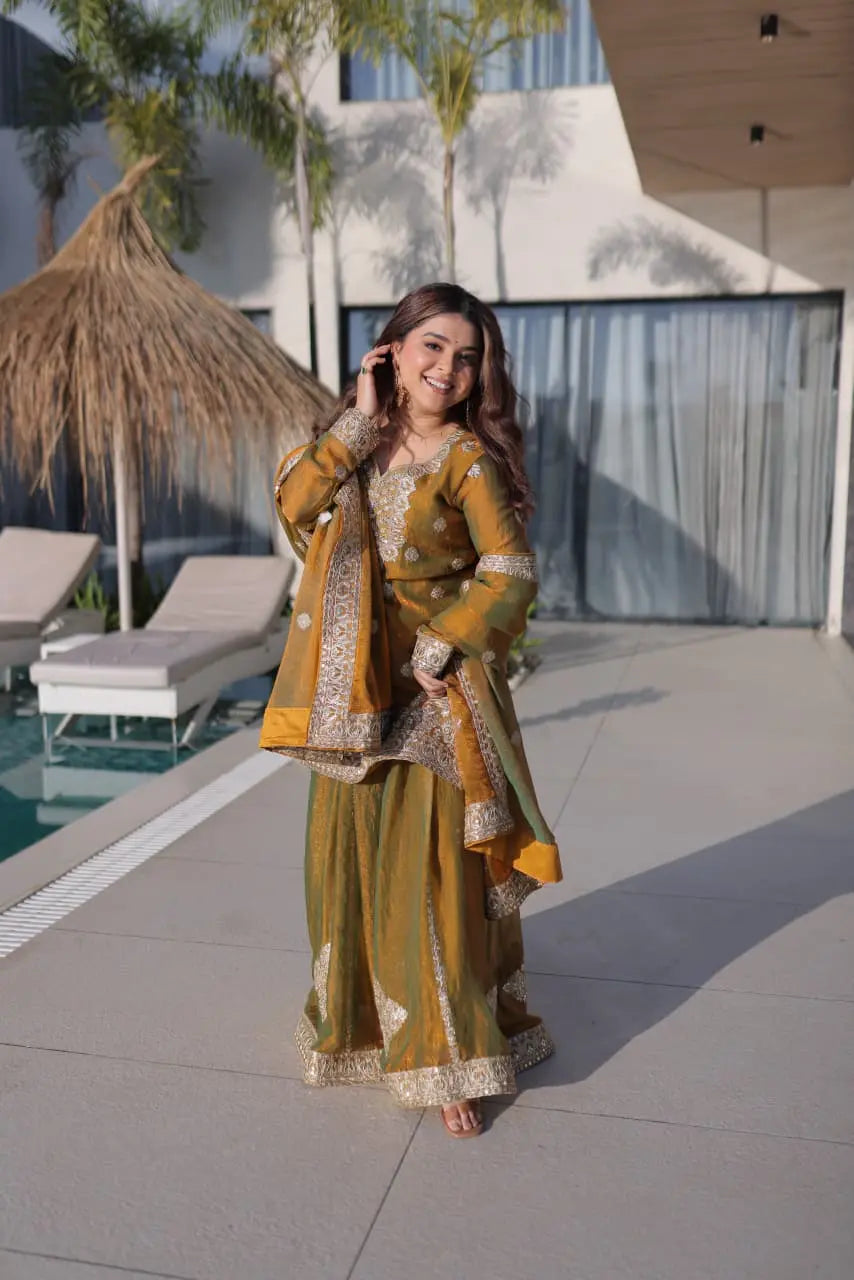Mustard Olive Fendi Chiffon Embroidered Sharara Suit with Dupatta