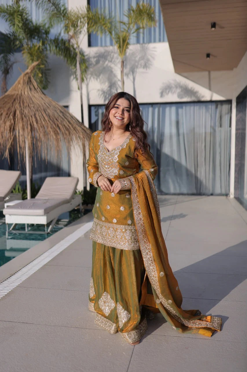 Mustard Olive Fendi Chiffon Embroidered Sharara Suit with Dupatta