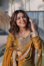 Mustard Olive Fendi Chiffon Embroidered Sharara Suit with Dupatta