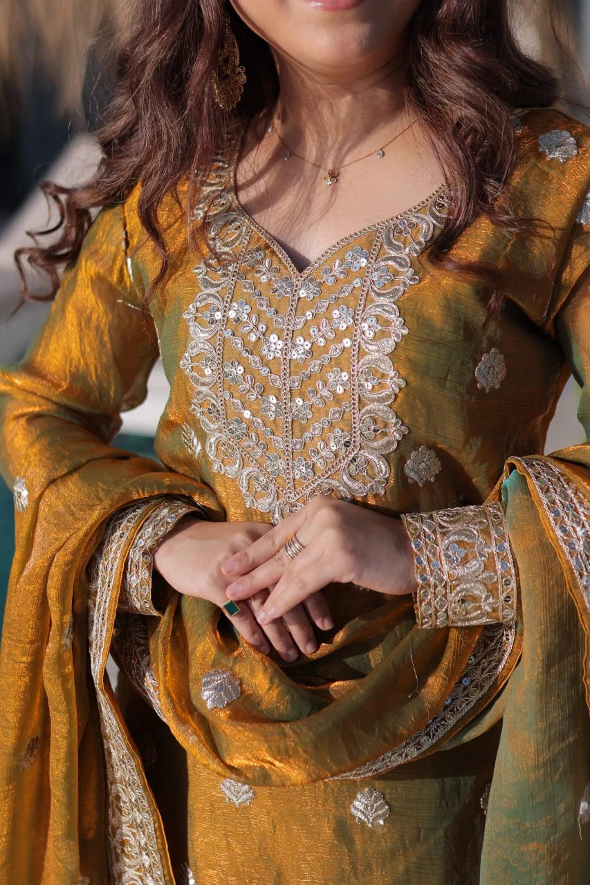 Mustard Olive Fendi Chiffon Embroidered Sharara Suit with Dupatta