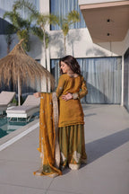 Mustard Olive Fendi Chiffon Embroidered Sharara Suit with Dupatta