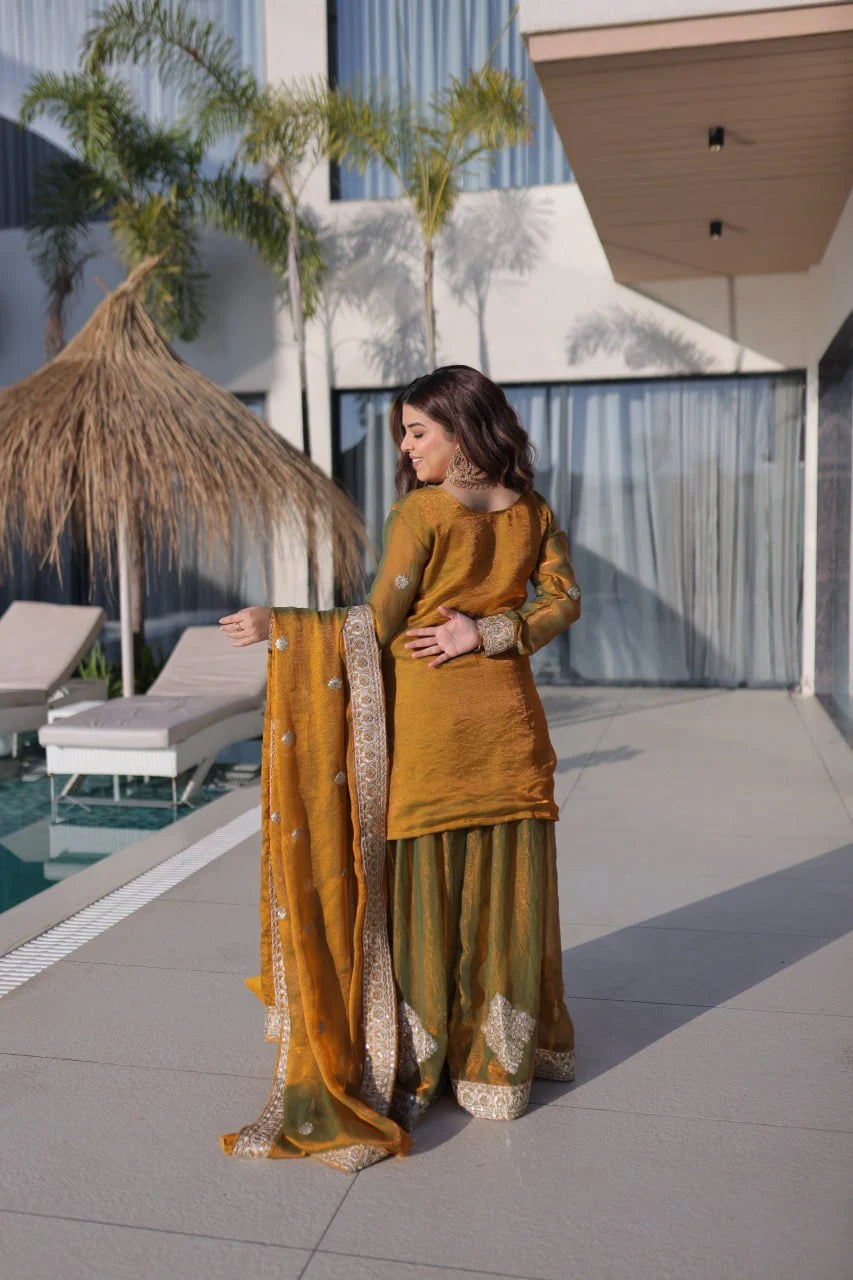 Mustard Olive Fendi Chiffon Embroidered Sharara Suit with Dupatta