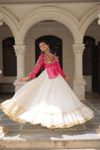 Pink Bandhani &amp; Kutchi Gamthi Patchwork Navratri Lehenga