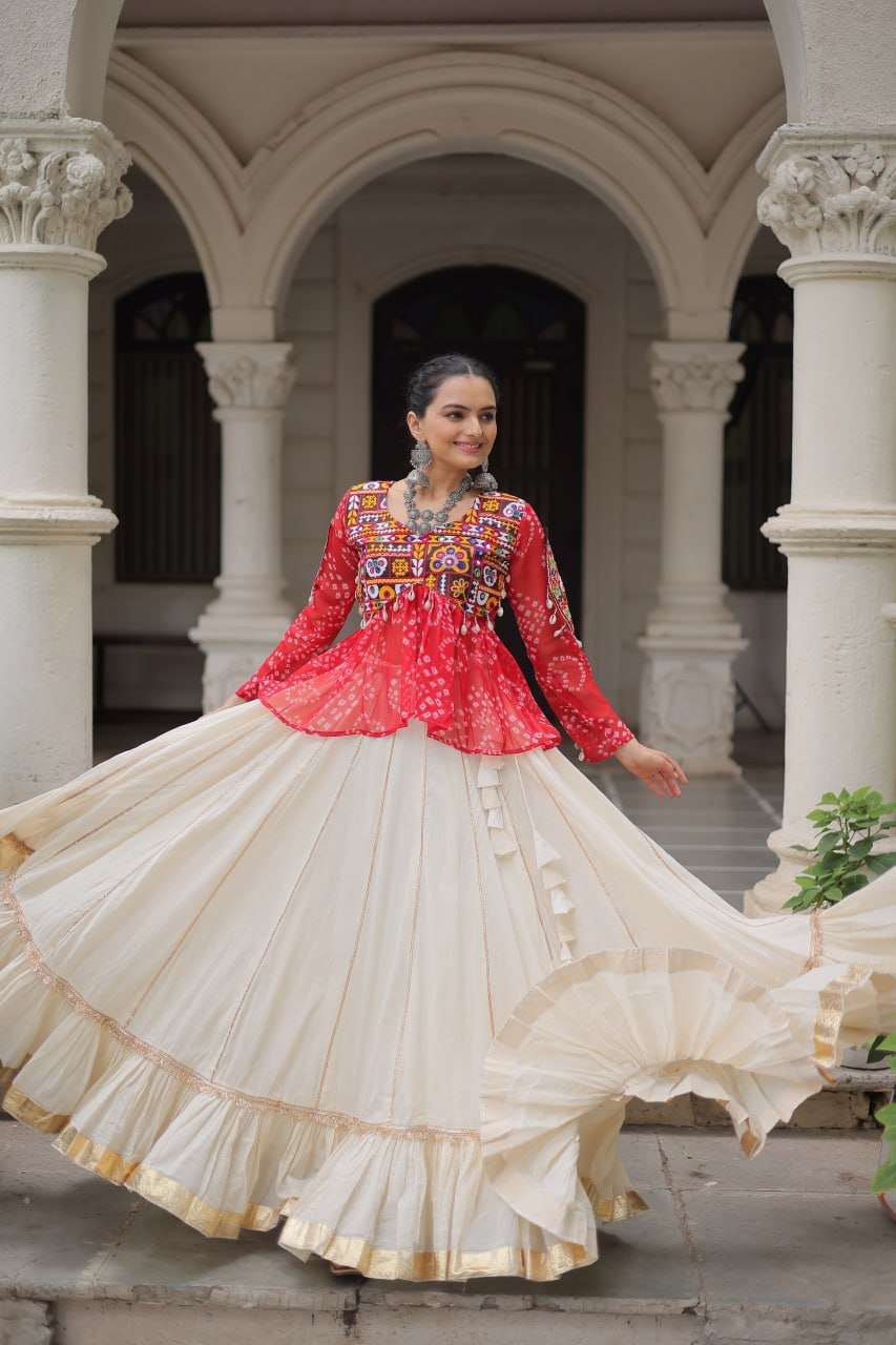 Festive Red Gota Patti Navratri Lehenga Choli with Kutchi Work