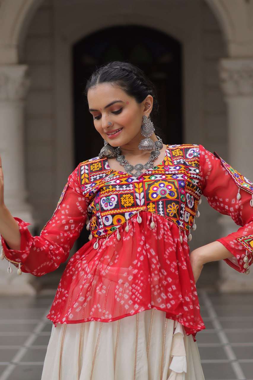 Festive Red Gota Patti Navratri Lehenga Choli with Kutchi Work