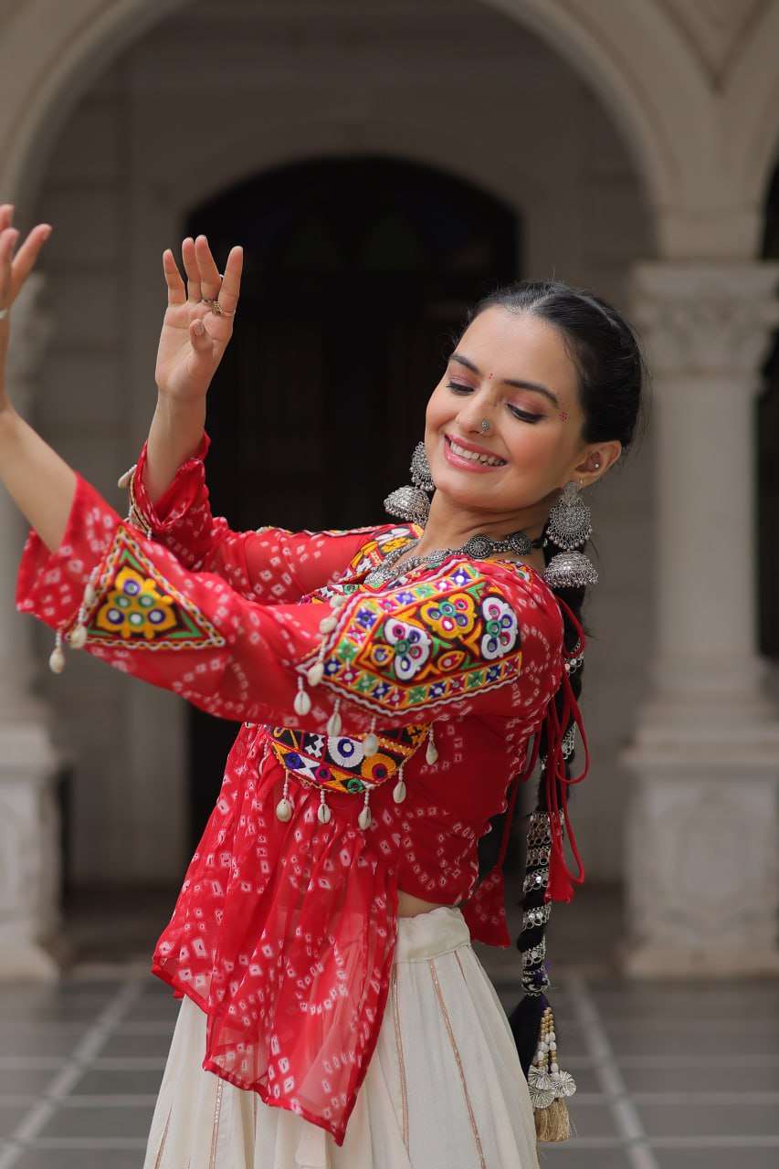 Festive Red Gota Patti Navratri Lehenga Choli with Kutchi Work