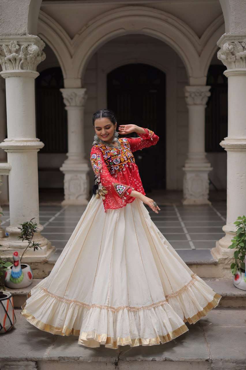 Festive Red Gota Patti Navratri Lehenga Choli with Kutchi Work