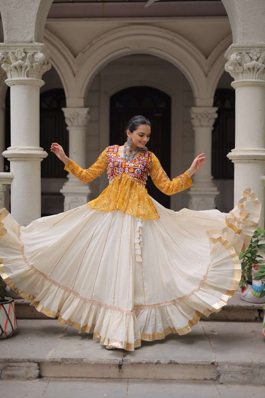 Mustard Bandhani & Kutchi Gamthi Patchwork Navratri Lehenga