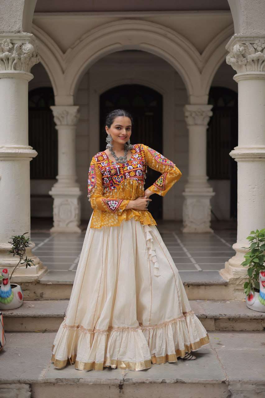 Mustard Bandhani & Kutchi Gamthi Patchwork Navratri Lehenga