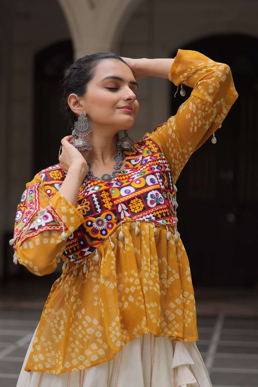 Mustard Bandhani & Kutchi Gamthi Patchwork Navratri Lehenga