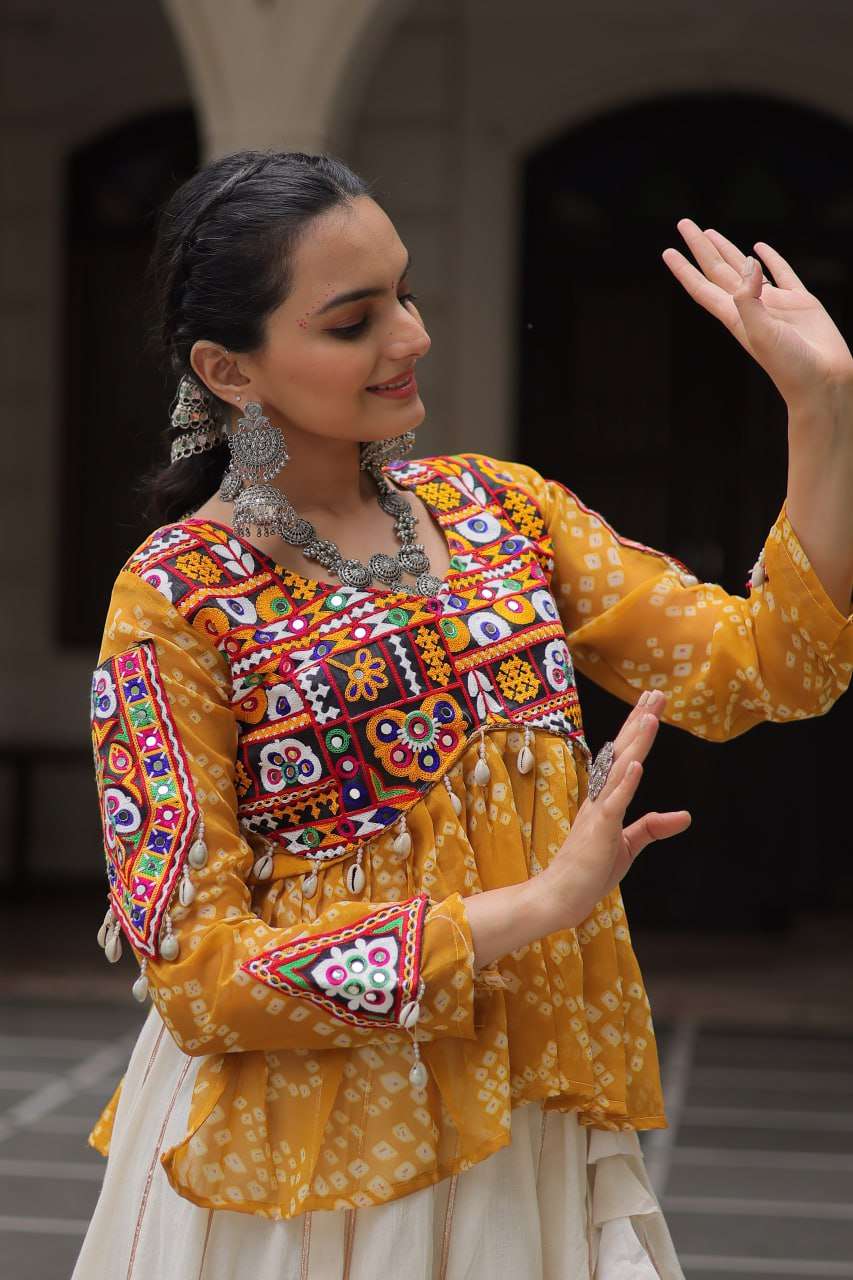 Mustard Bandhani & Kutchi Gamthi Patchwork Navratri Lehenga