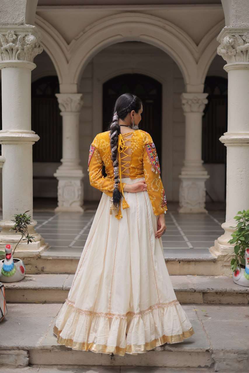 Mustard Bandhani & Kutchi Gamthi Patchwork Navratri Lehenga
