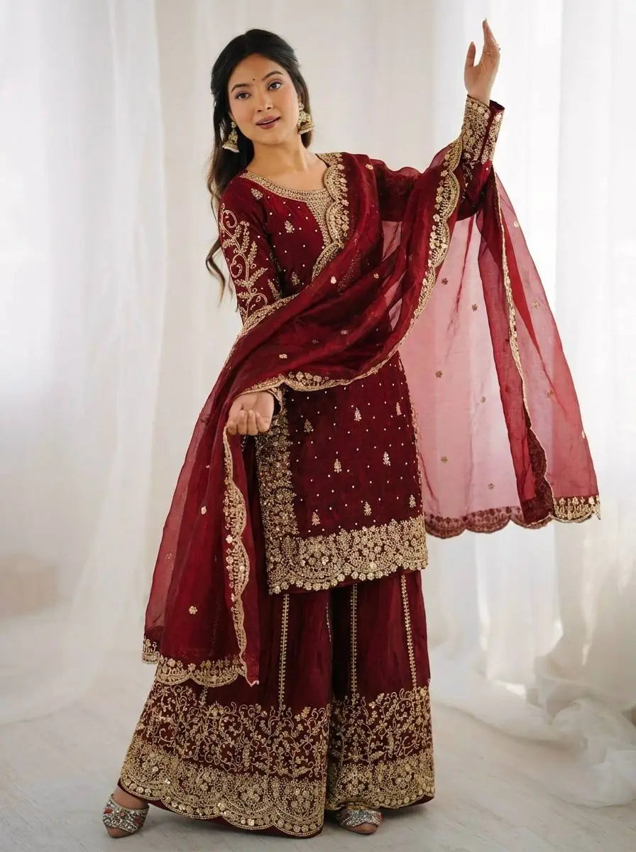 Luxury Maroon Fendy Silk Partywear Palazzo Suit for Weddings & Eid