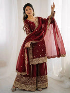 Luxury Maroon Fendy Silk Partywear Palazzo Suit for Weddings & Eid