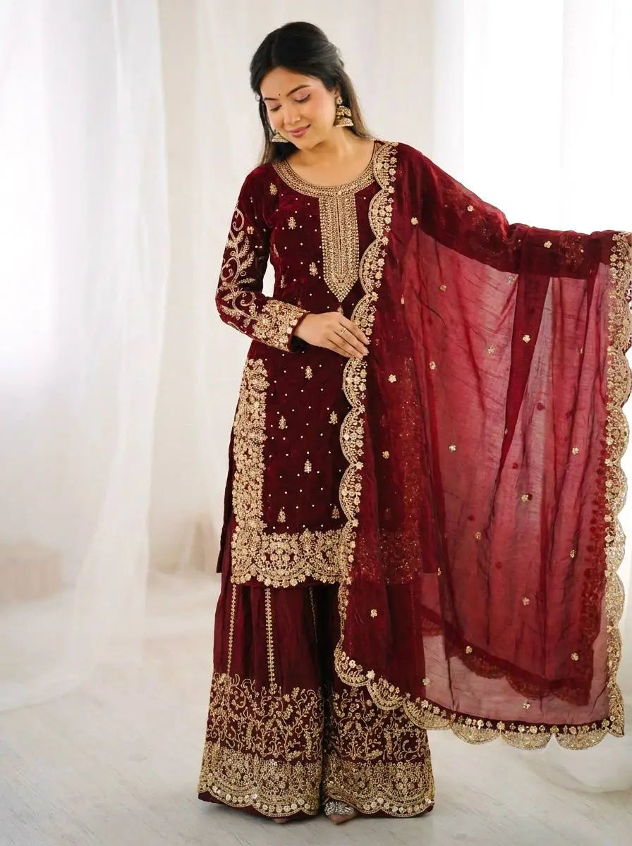 Luxury Maroon Fendy Silk Partywear Palazzo Suit for Weddings & Eid