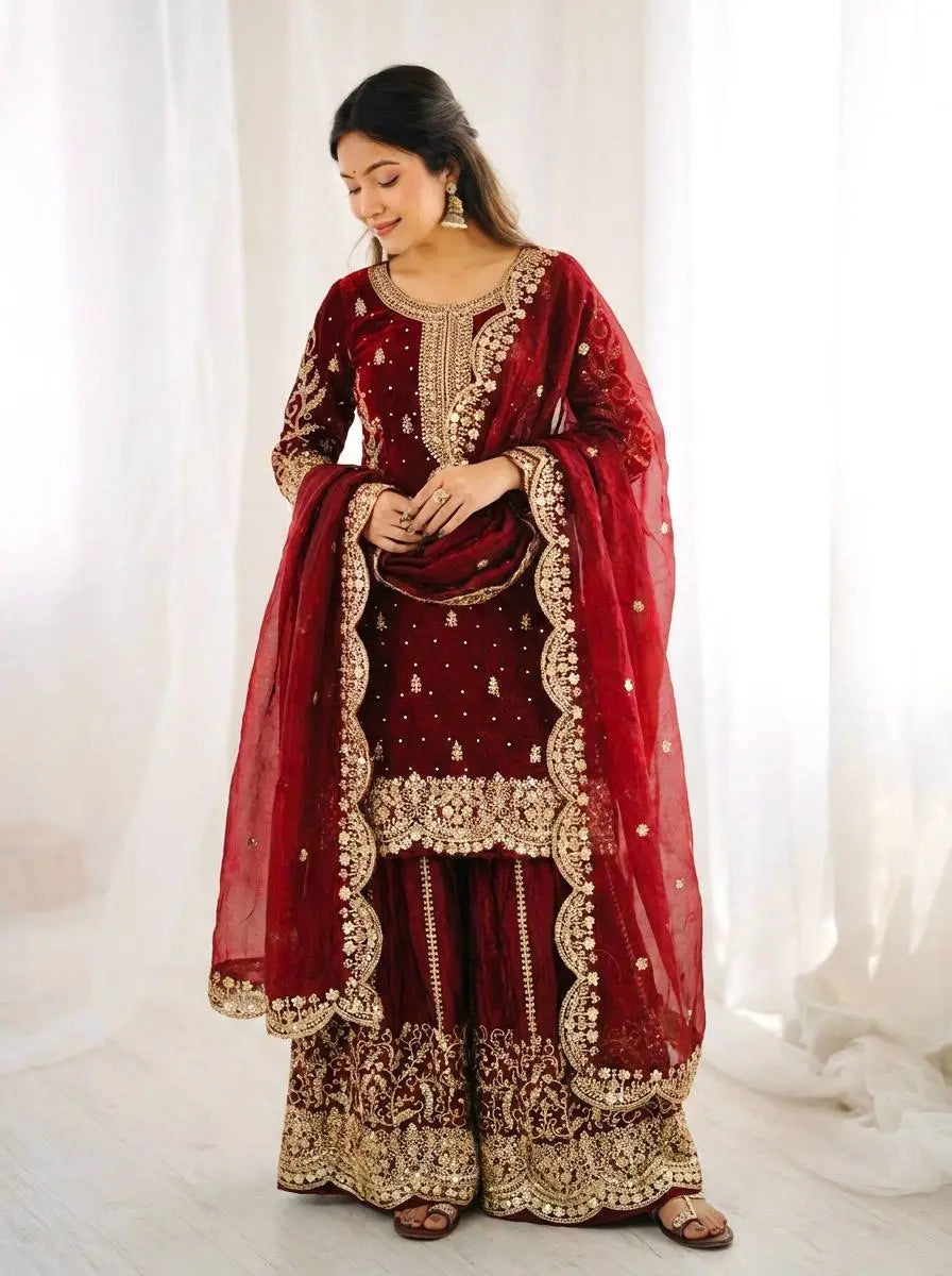 Luxury Maroon Fendy Silk Partywear Palazzo Suit for Weddings & Eid