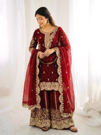 Luxury Maroon Fendy Silk Partywear Palazzo Suit for Weddings & Eid