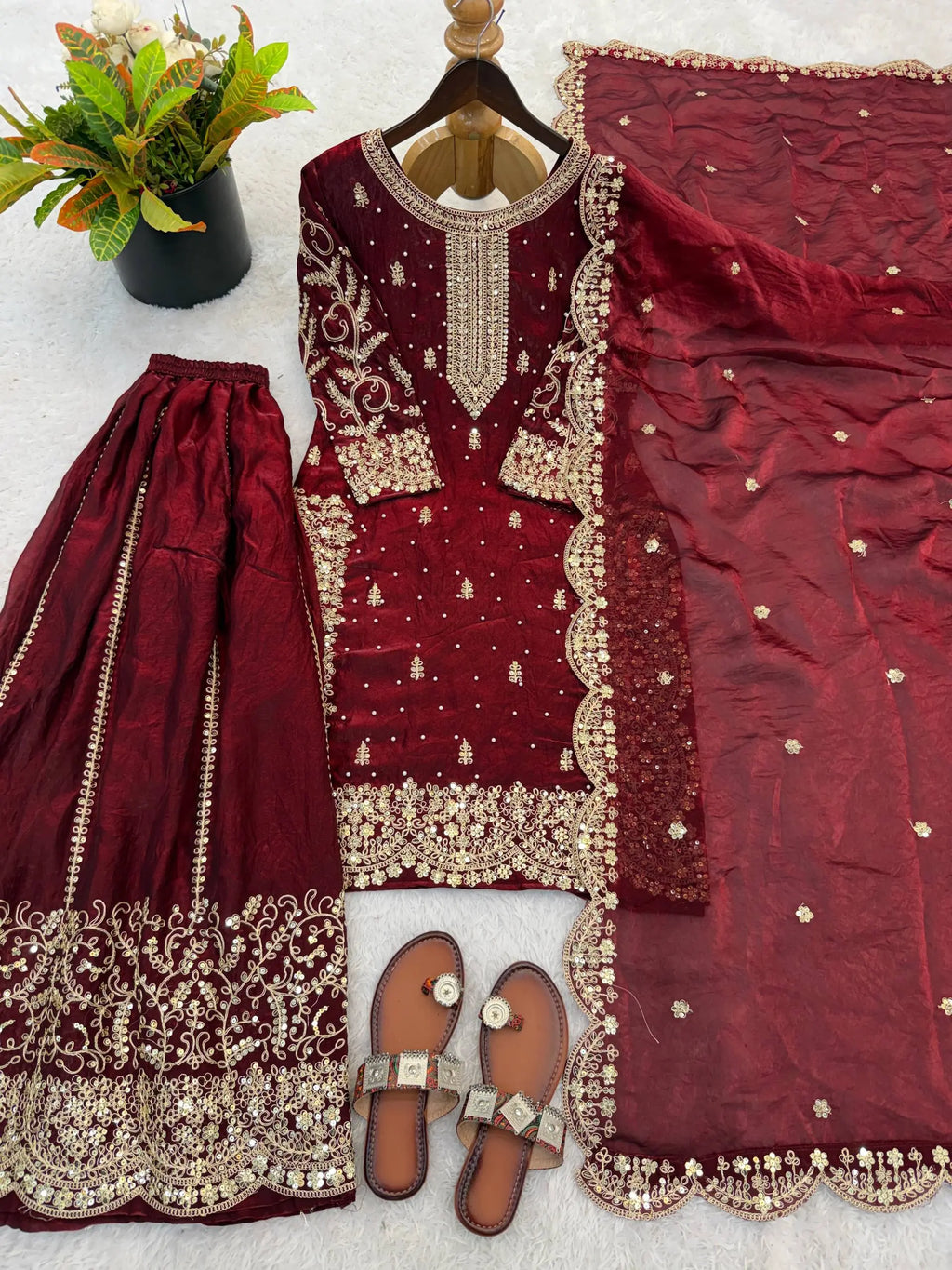 Luxury Maroon Fendy Silk Partywear Palazzo Suit for Weddings & Eid
