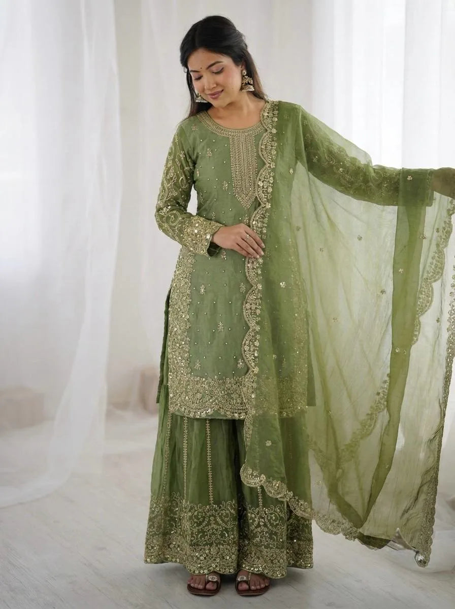 Festive Green Embroidered Kurta Palazzo Suit for Wedding Functions