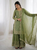 Festive Green Embroidered Kurta Palazzo Suit for Wedding Functions