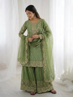 Festive Green Embroidered Kurta Palazzo Suit for Wedding Functions