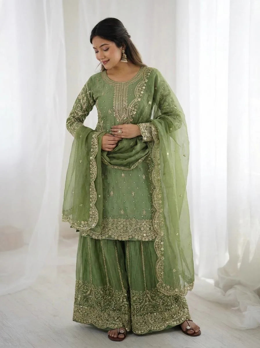 Festive Green Embroidered Kurta Palazzo Suit for Wedding Functions