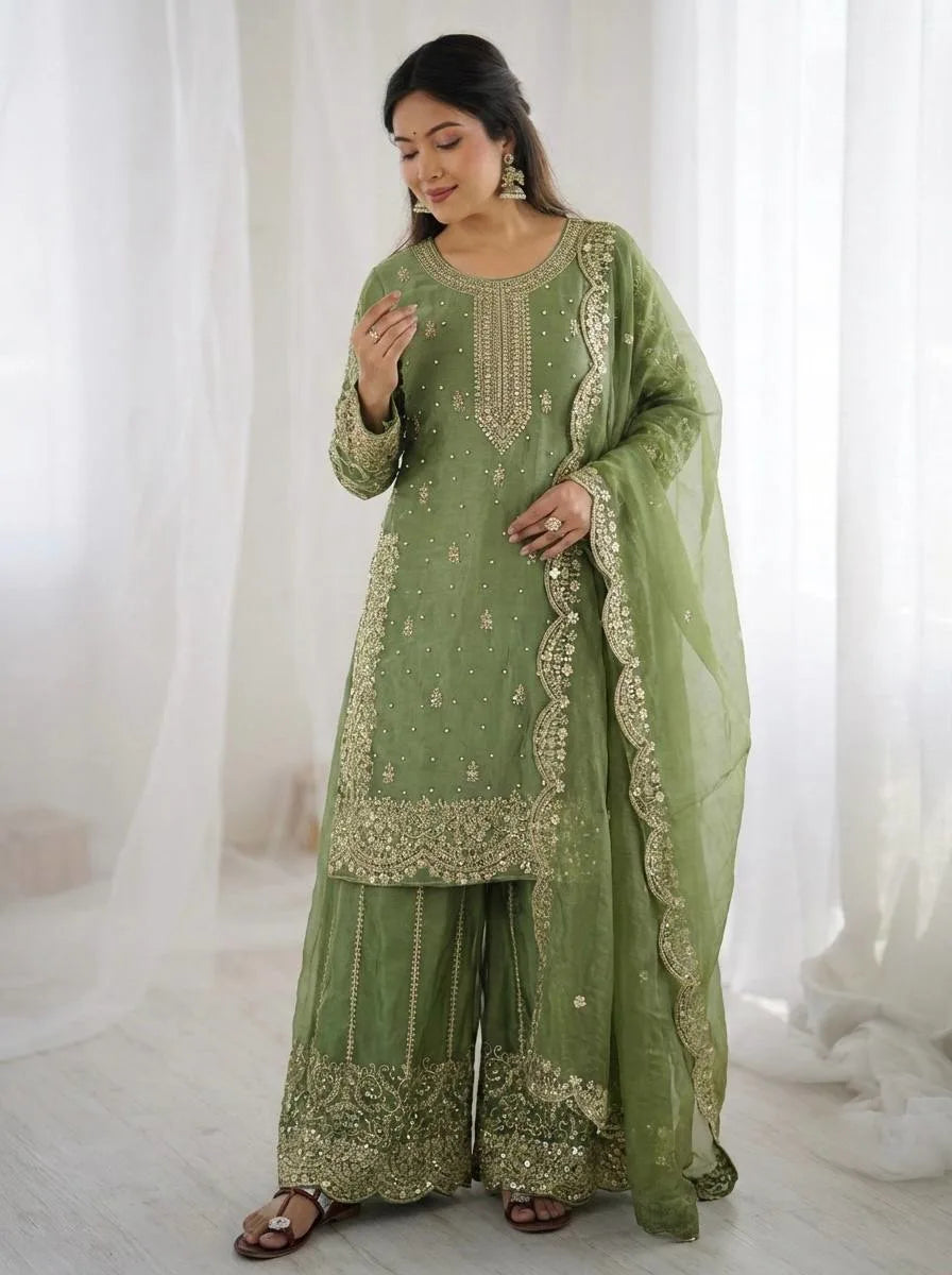 Festive Green Embroidered Kurta Palazzo Suit for Wedding Functions