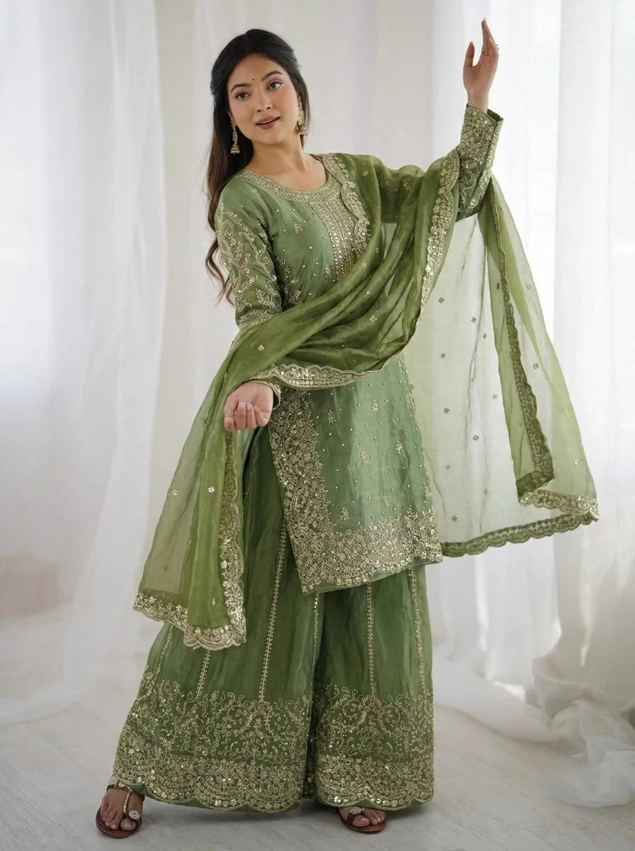 Festive Green Embroidered Kurta Palazzo Suit for Wedding Functions