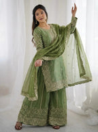 Festive Green Embroidered Kurta Palazzo Suit for Wedding Functions