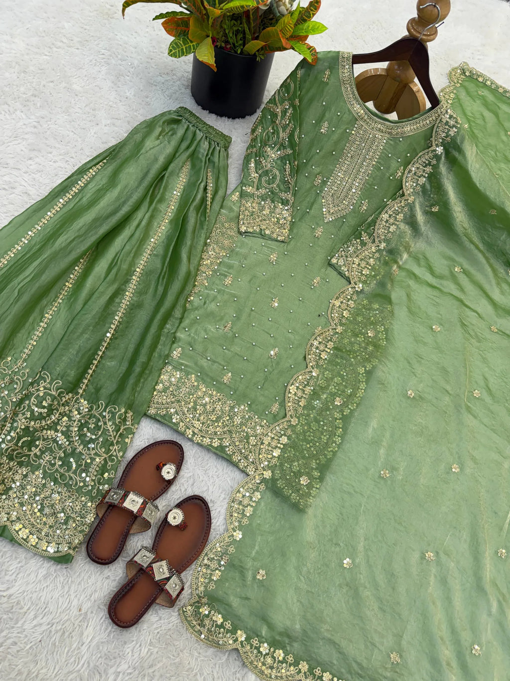 Festive Green Embroidered Kurta Palazzo Suit for Wedding Functions