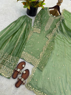 Festive Green Embroidered Kurta Palazzo Suit for Wedding Functions