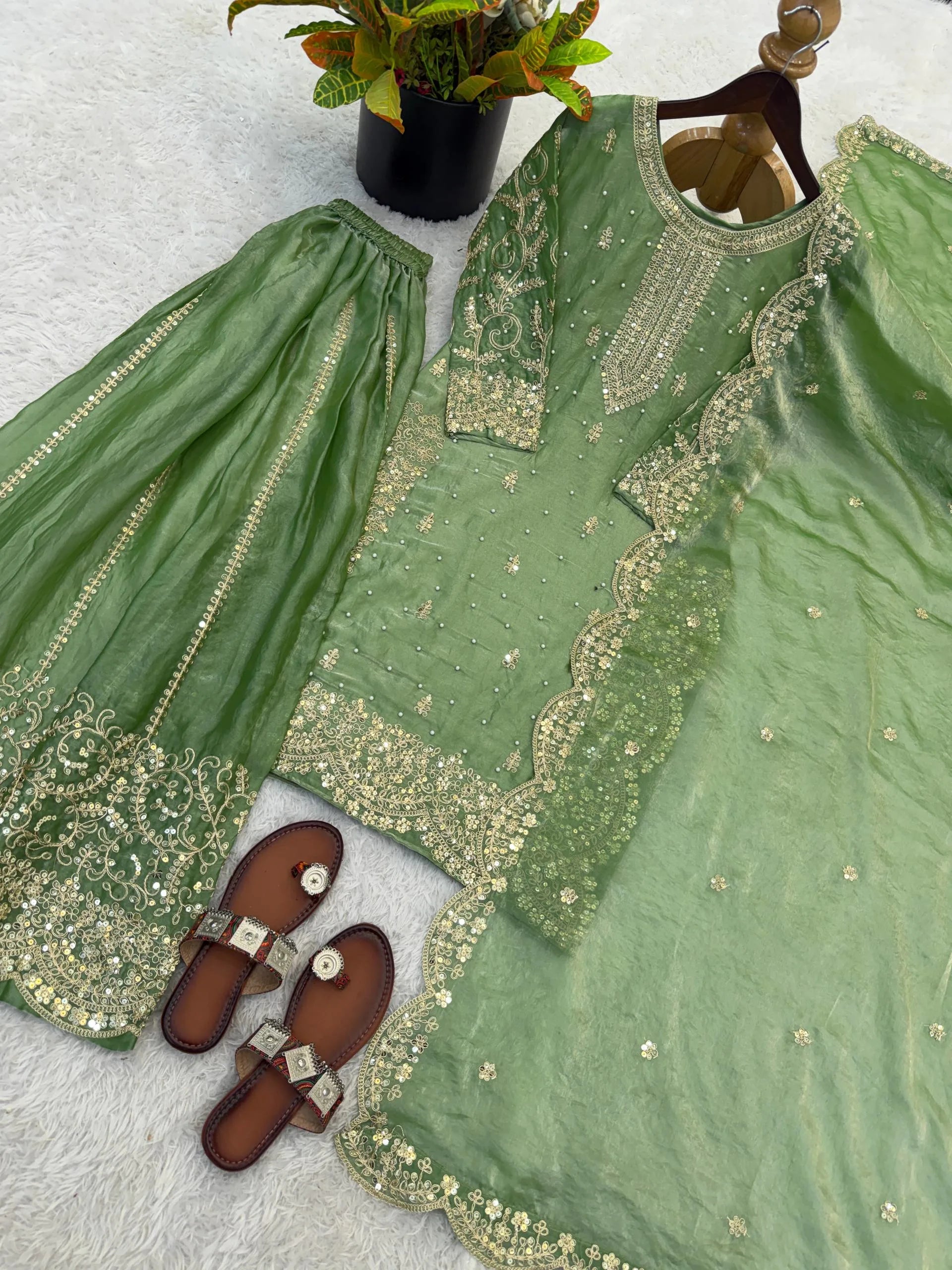 Festive Green Embroidered Kurta Palazzo Suit for Wedding Functions