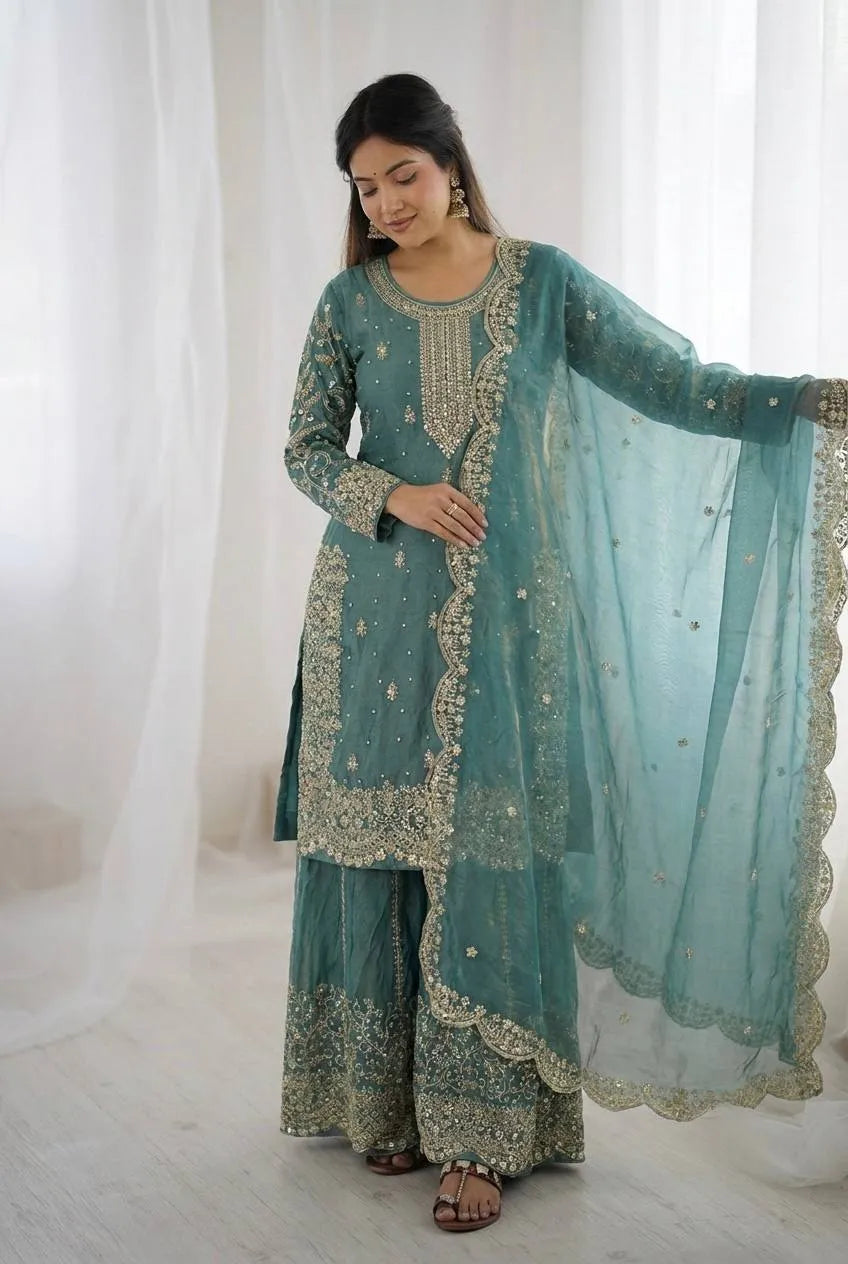 Elegant Rama Color Partywear Palazzo Set with Embroidery