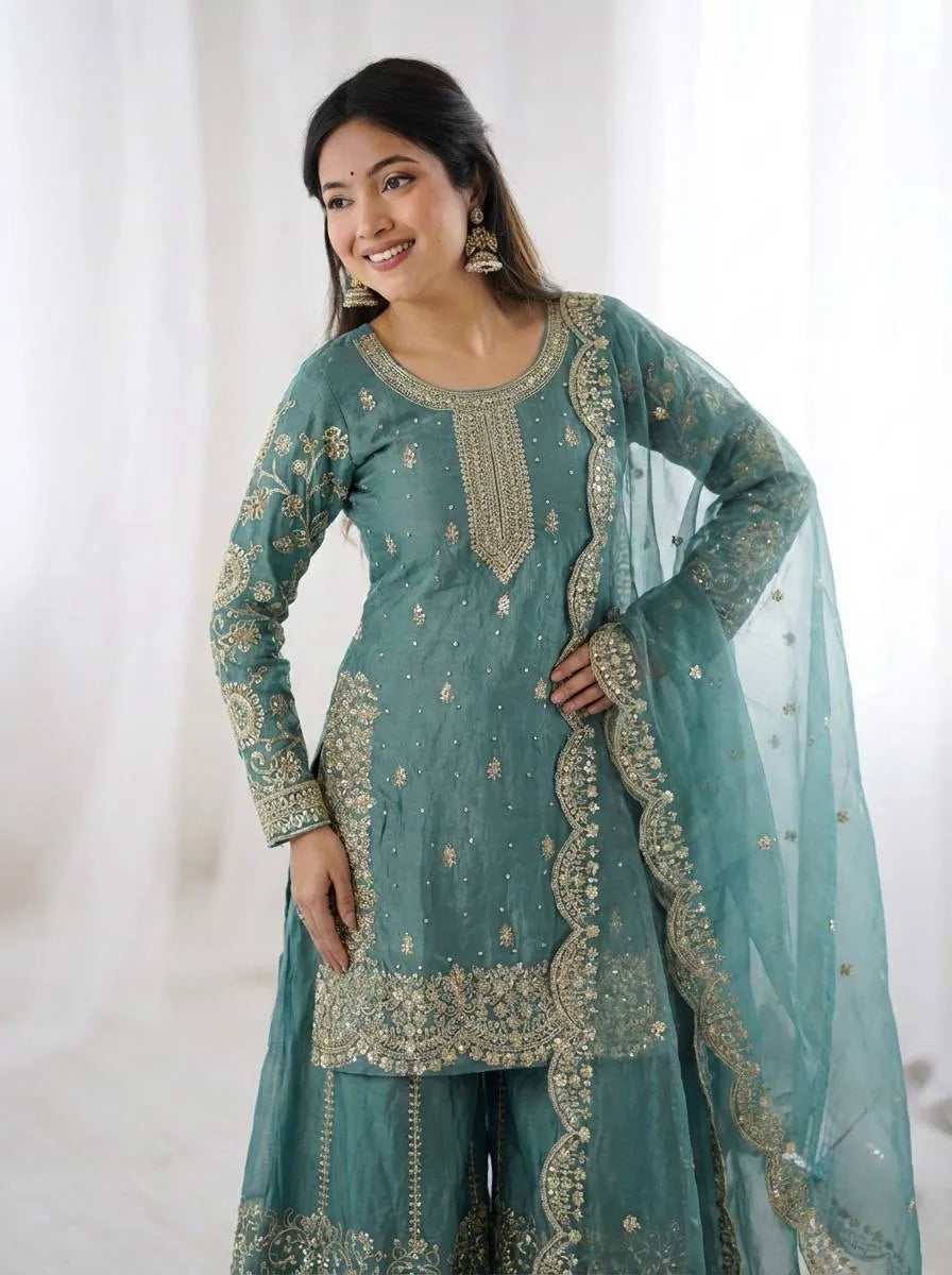 Elegant Rama Color Partywear Palazzo Set with Embroidery