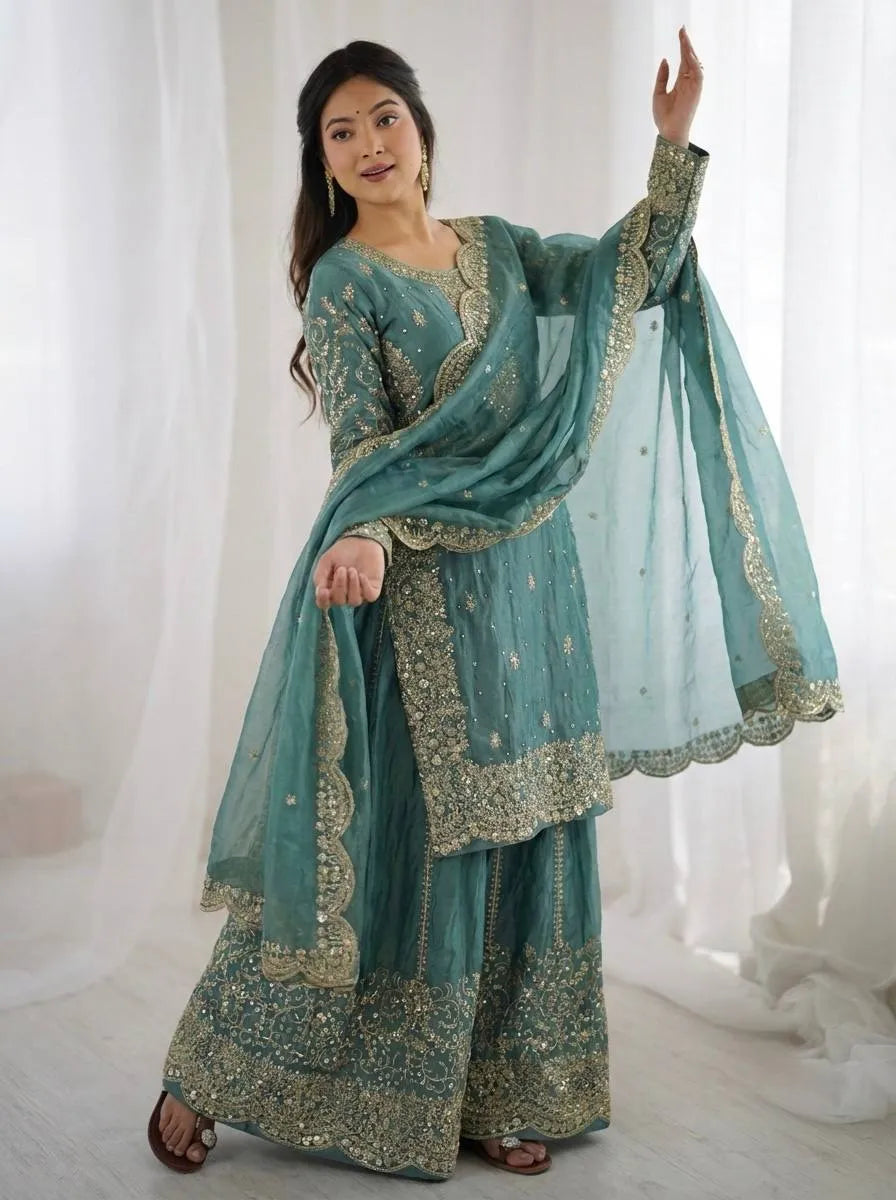 Elegant Rama Color Partywear Palazzo Set with Embroidery