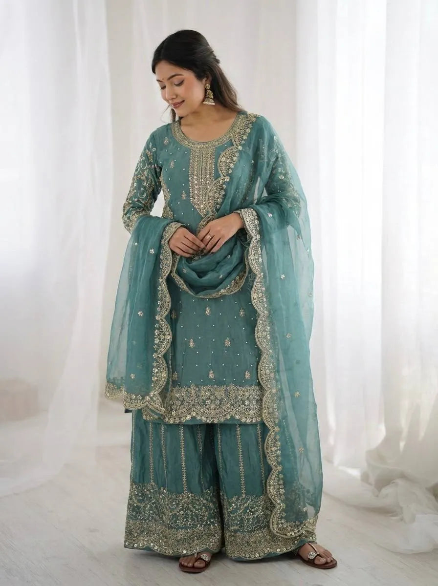 Elegant Rama Color Partywear Palazzo Set with Embroidery
