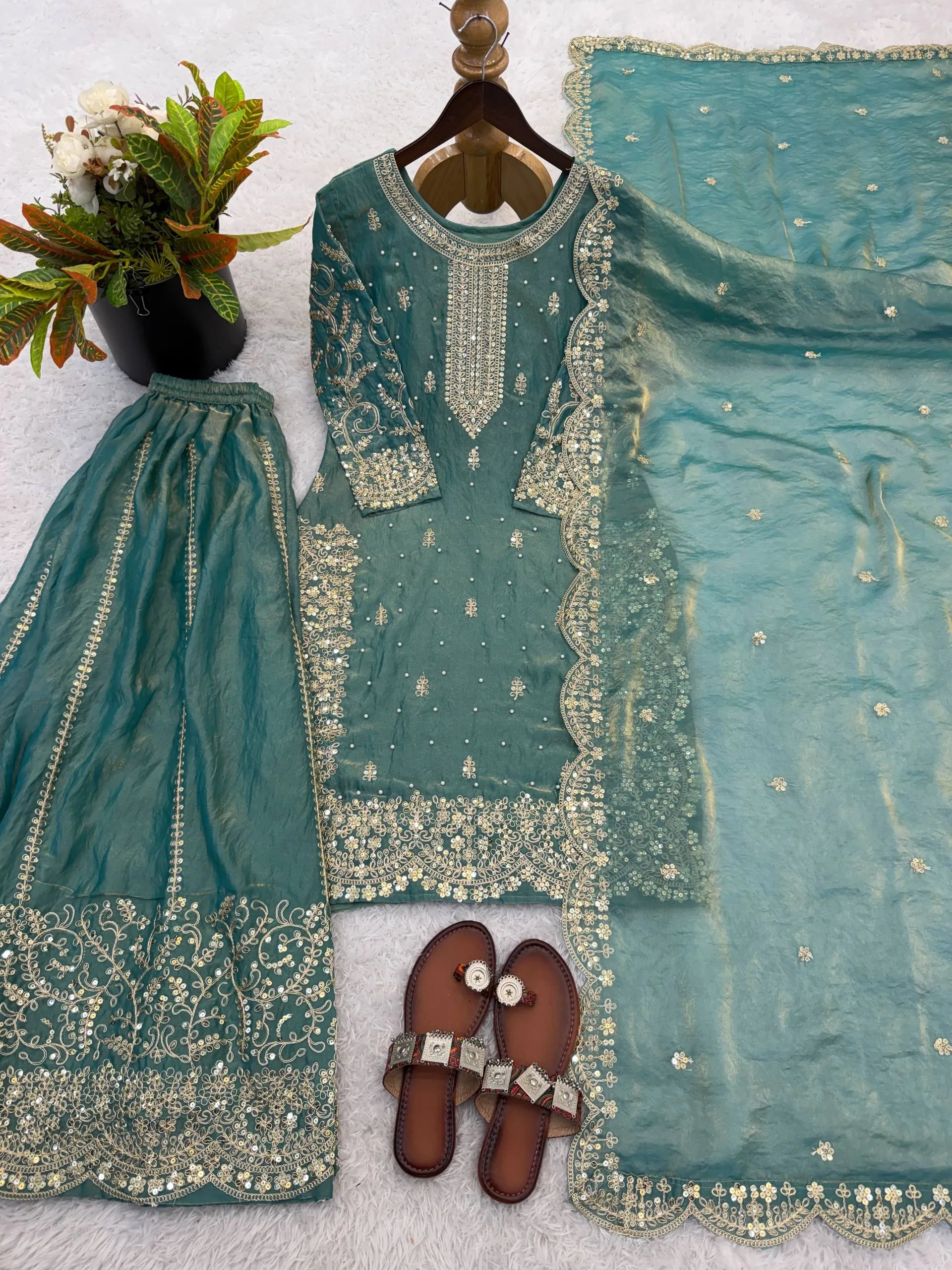 Elegant Rama Color Partywear Palazzo Set with Embroidery
