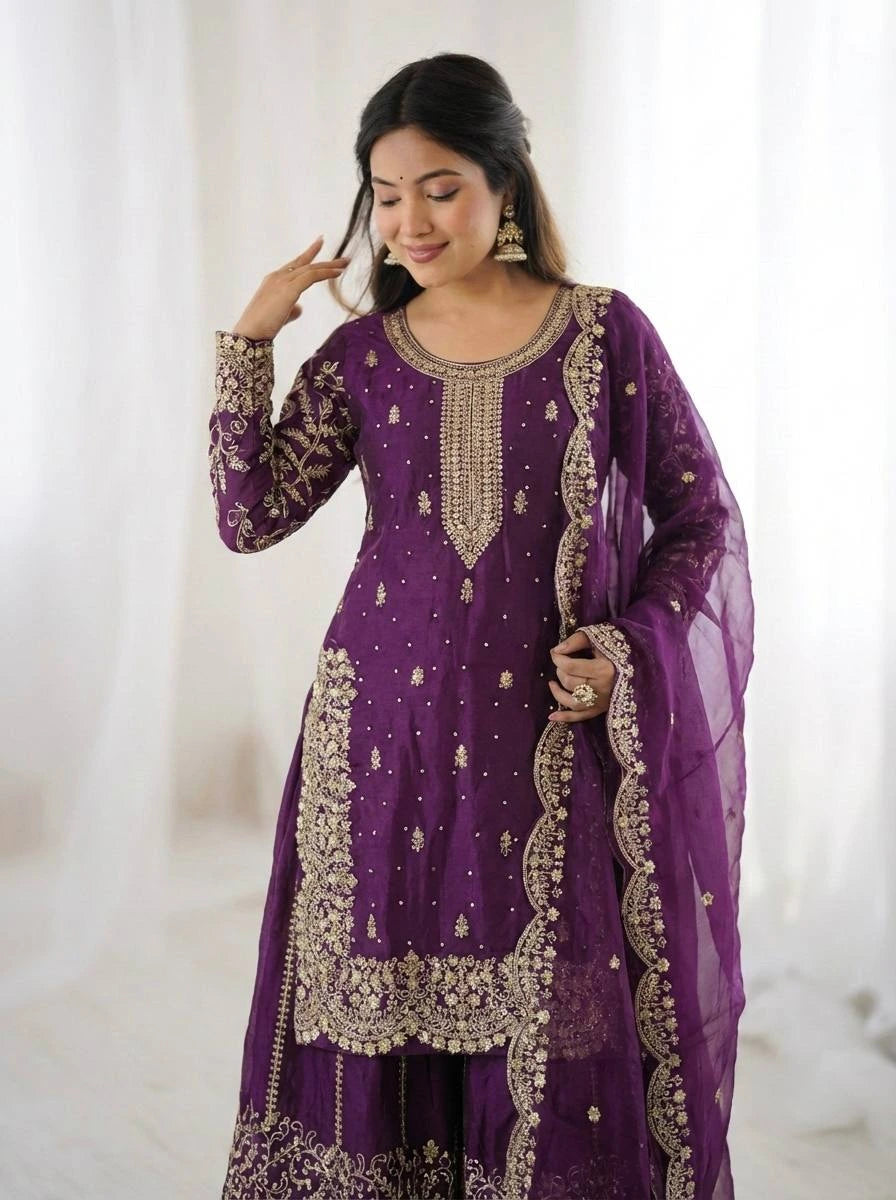 Royal Purple Embroidered Palazzo Suit with Designer Dupatta