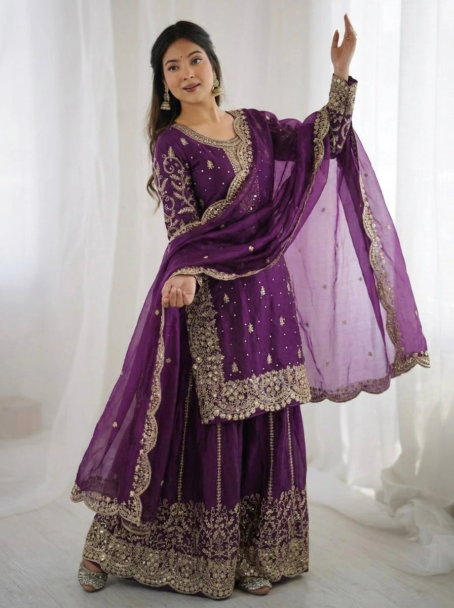 Royal Purple Embroidered Palazzo Suit with Designer Dupatta