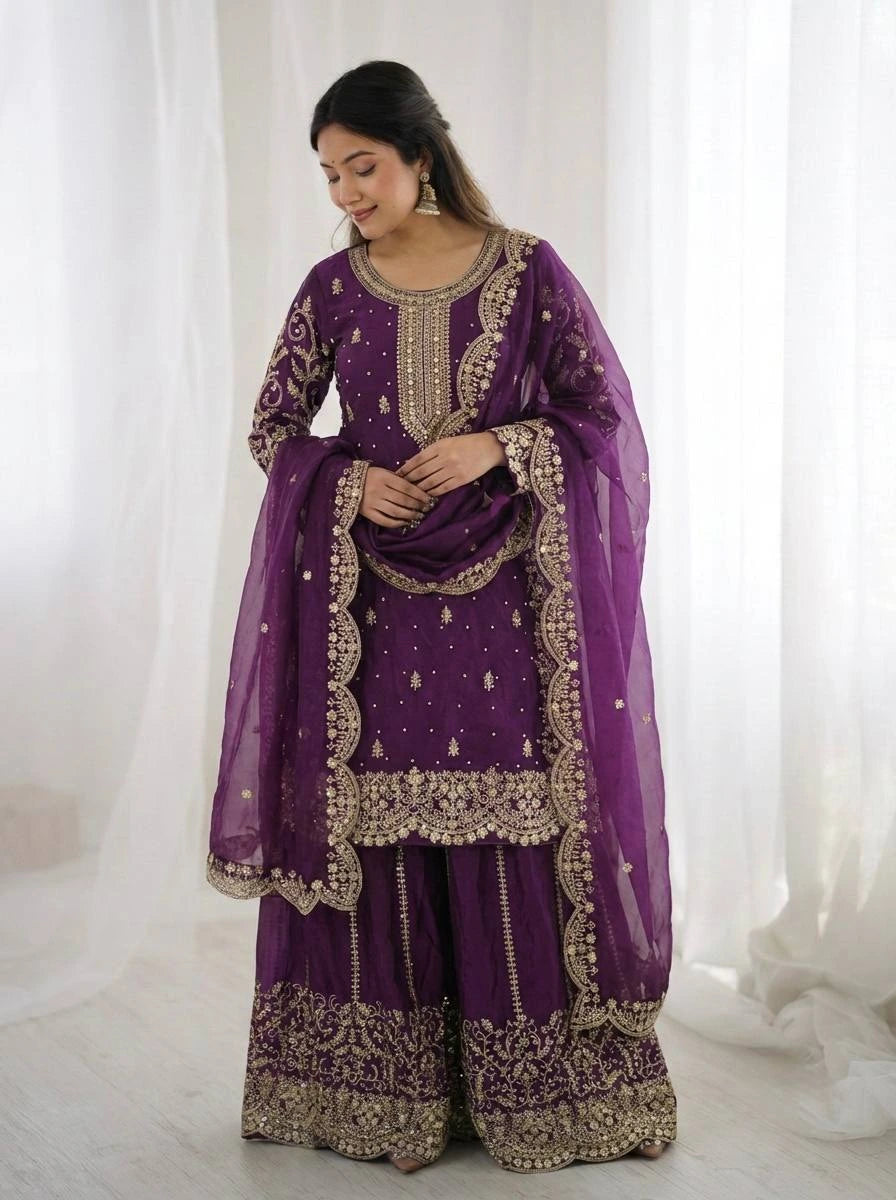 Royal Purple Embroidered Palazzo Suit with Designer Dupatta