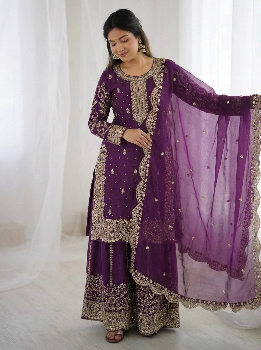 Royal Purple Embroidered Palazzo Suit with Designer Dupatta