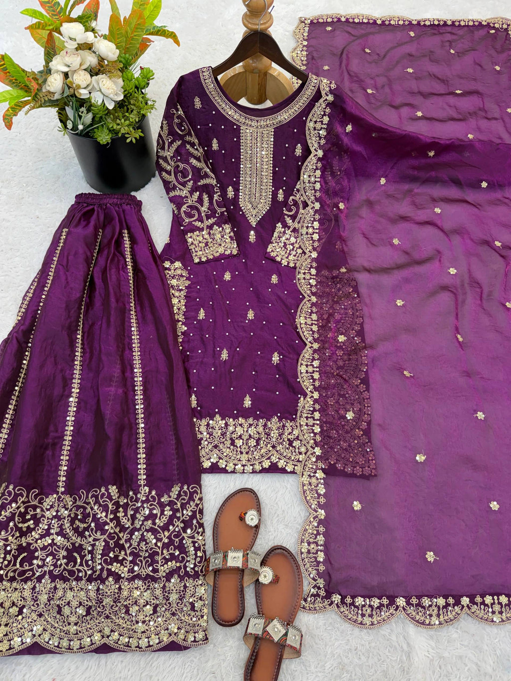 Royal Purple Embroidered Palazzo Suit with Designer Dupatta