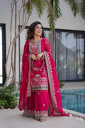 Rani Pink Georgette Embroidered Palazzo Suit with Dupatta